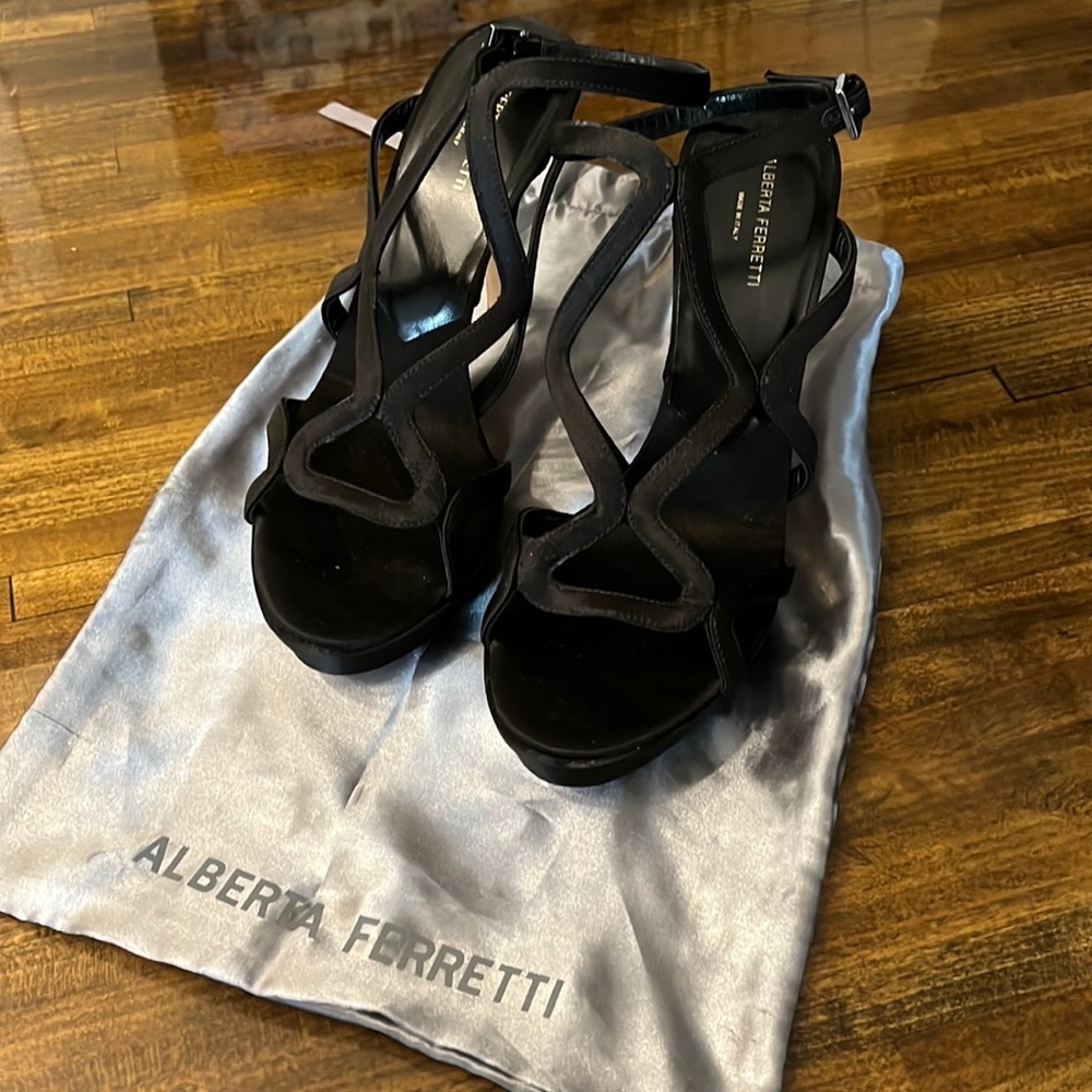 Alberta Ferretti black satin scrappy heels